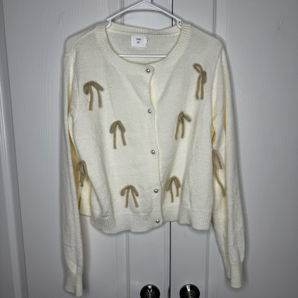 Luna Ivy Women's Cream Cardigan with Bow Accents
